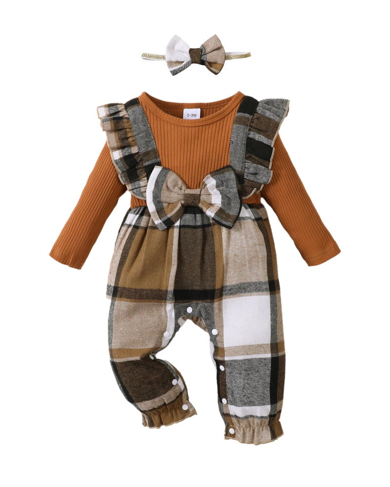 Saeaby 0-3 Months Newborn Baby Girl Clothes Fall Plaid Christmas Outfits Infant Brown Long Sleeve Jumpsuit One Piece Romper Infant Baby Girl Winter Clothes - Image 1