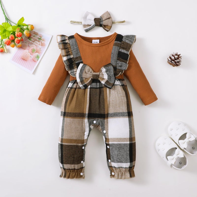 Saeaby 0-3 Months Newborn Baby Girl Clothes Fall Plaid Christmas Outfits Infant Brown Long Sleeve Jumpsuit One Piece Romper Infant Baby Girl Winter Clothes - Image 2