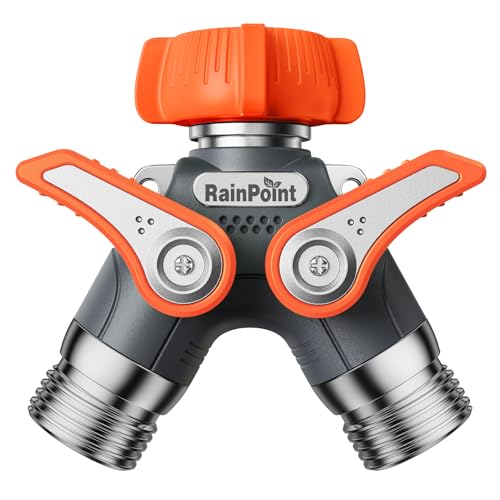 RAINPOINT Garden Hose Splitter 2 Way Heavy Duty Water Hose Y Spigot Splitter with Shutoff Valves100 Metal Body Water Hose Connector with ShutOff Valve 19 Metal Handle 34 GHT ThreadOrange - Image 1