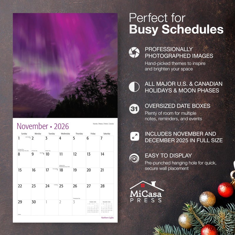 MICASA PRESS Northern Lights 2026 Wall Calendar 12 Month | 12" x 24" Open | Thick & Sturdy Paper | Holiday Gift | Aurora Borealis Space Calendar 2026 - Image 2