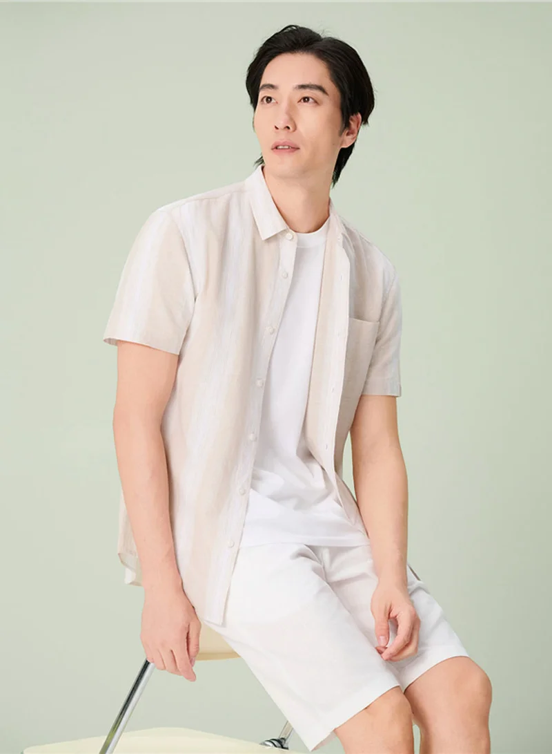 GIORDANO Men's Slim Linen Cotton Striped Shirt