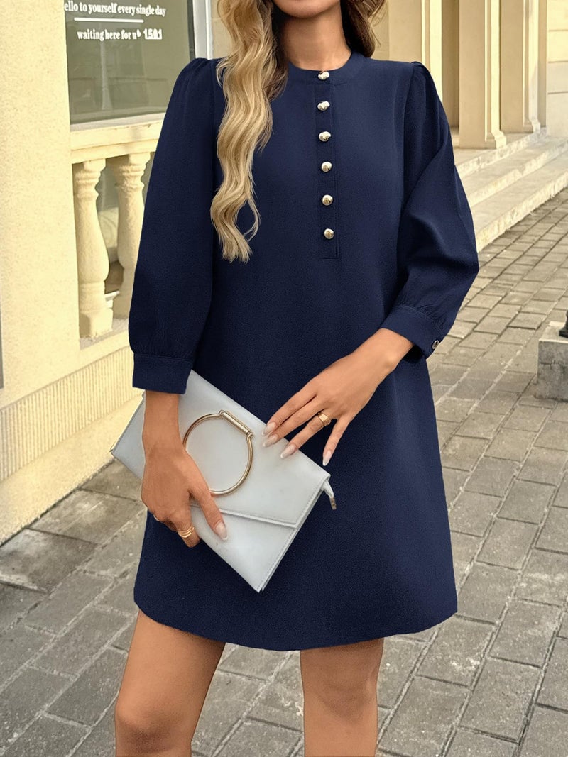 Wenrine Womens 3/4 Puff Sleeve Mini Dress Button Crewneck Elegant Casual Business Shift Dresses 2025 Navy Blue - Image 2