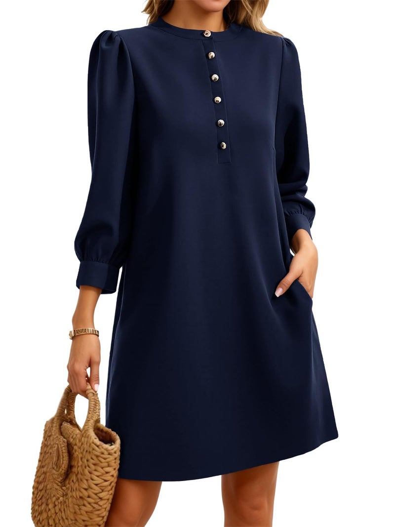 Wenrine Womens 3/4 Puff Sleeve Mini Dress Button Crewneck Elegant Casual Business Shift Dresses 2025 Navy Blue - Image 1