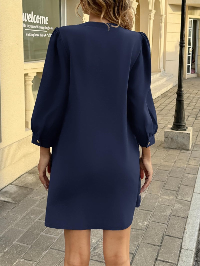 Wenrine Womens 3/4 Puff Sleeve Mini Dress Button Crewneck Elegant Casual Business Shift Dresses 2025 Navy Blue - Image 5