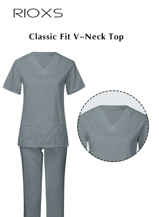 RIOXS Unisex Medical Uniform Scrubs Women And Men Scrubs Set Medical Scrubs Short Sleeve Top And Pants, Soft Grey Stretch V-Neck Top, Hospital Nurse Scrubs Set, Dentist Clinic Uniform Unisex, Pharmacy Technician Workwear - Image 4