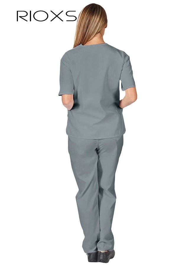 RIOXS Unisex Medical Uniform Scrubs Women And Men Scrubs Set Medical Scrubs Short Sleeve Top And Pants, Soft Grey Stretch V-Neck Top, Hospital Nurse Scrubs Set, Dentist Clinic Uniform Unisex, Pharmacy Technician Workwear - Image 5