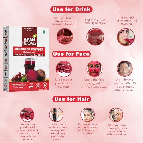 AMAN HERBALS Beetroot Powder, Natural Tonic for Hair, Skin & Body, 100% Pure, Origin - India (150GM) - Image 5