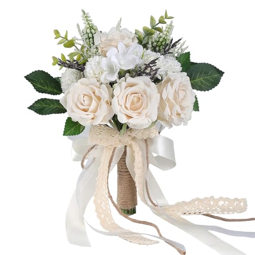 GLIDLION Wedding Bouquets for Bride Bridesmaid,White Champagne Artificial Roses Flowers for Wedding Church Decoration (7.5in) - Image 1