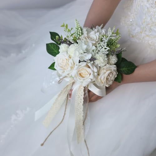 GLIDLION Wedding Bouquets for Bride Bridesmaid,White Champagne Artificial Roses Flowers for Wedding Church Decoration (7.5in) - Image 2