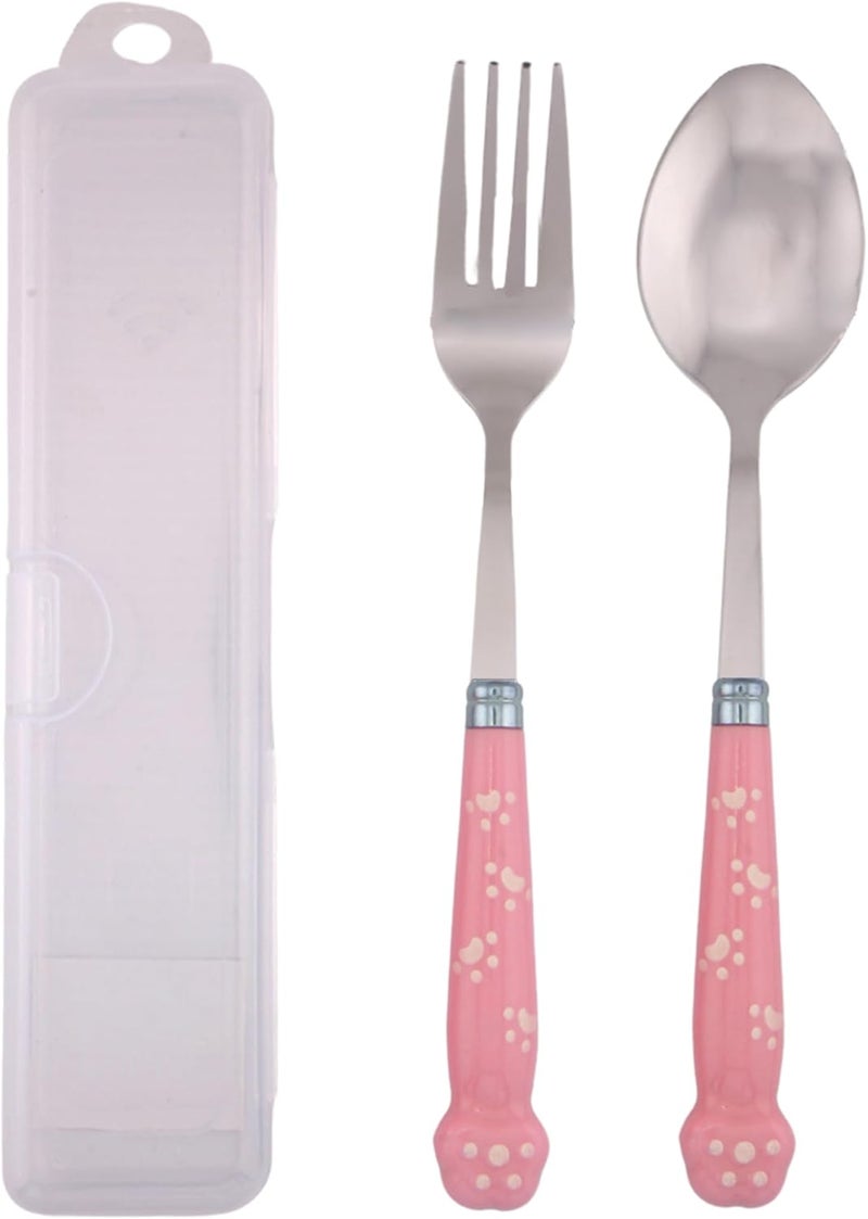 BrainGiggles Kids Cutlery Set with Case |Round Edge Stainless Steel Kids Cutlery BPA Free Handles| Spoon & Fork Cutlery Set for Lunch Box|Paw Engraved Children Tableware with Portable Case (Pink) - Image 1