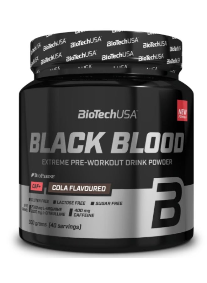 مسحوق ما قبل التمرين من BioTechUSA Black Blood CAF Caffeine لزيادة الطاقة والتركيز والقدرة على التحمل، بنكهة الكولا، 300 غرام