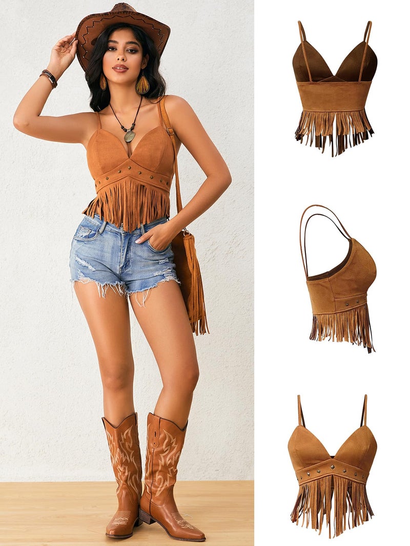 OYOANGLE Women's Y2K Fringe Sleeveless Spaghetti Strap Faux Suede Vintage Hippie Crop Top Blouse Brown L - Image 2