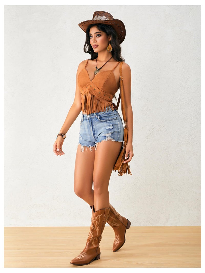 OYOANGLE Women's Y2K Fringe Sleeveless Spaghetti Strap Faux Suede Vintage Hippie Crop Top Blouse Brown L - Image 4