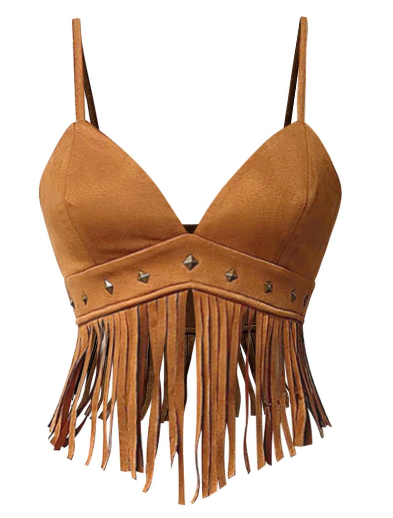 OYOANGLE Women's Y2K Fringe Sleeveless Spaghetti Strap Faux Suede Vintage Hippie Crop Top Blouse Brown L - Image 1