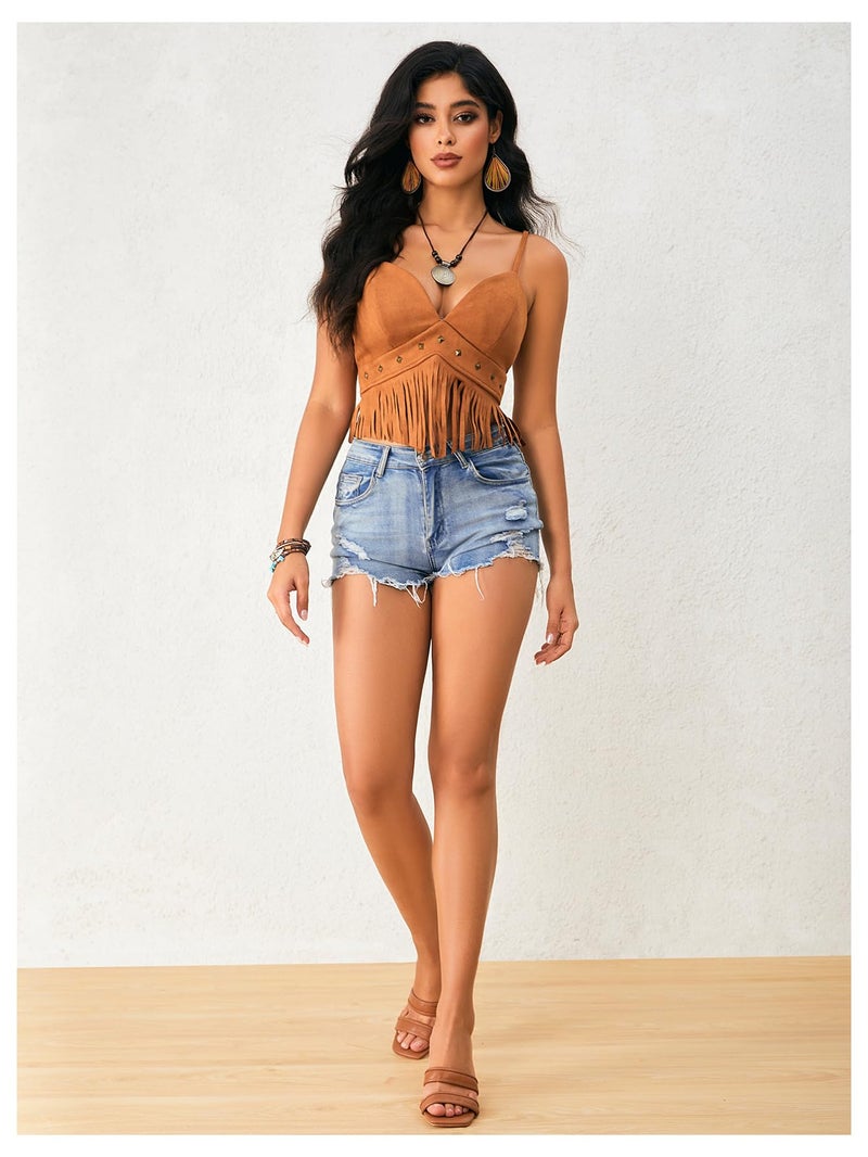 OYOANGLE Women's Y2K Fringe Sleeveless Spaghetti Strap Faux Suede Vintage Hippie Crop Top Blouse Brown L - Image 5