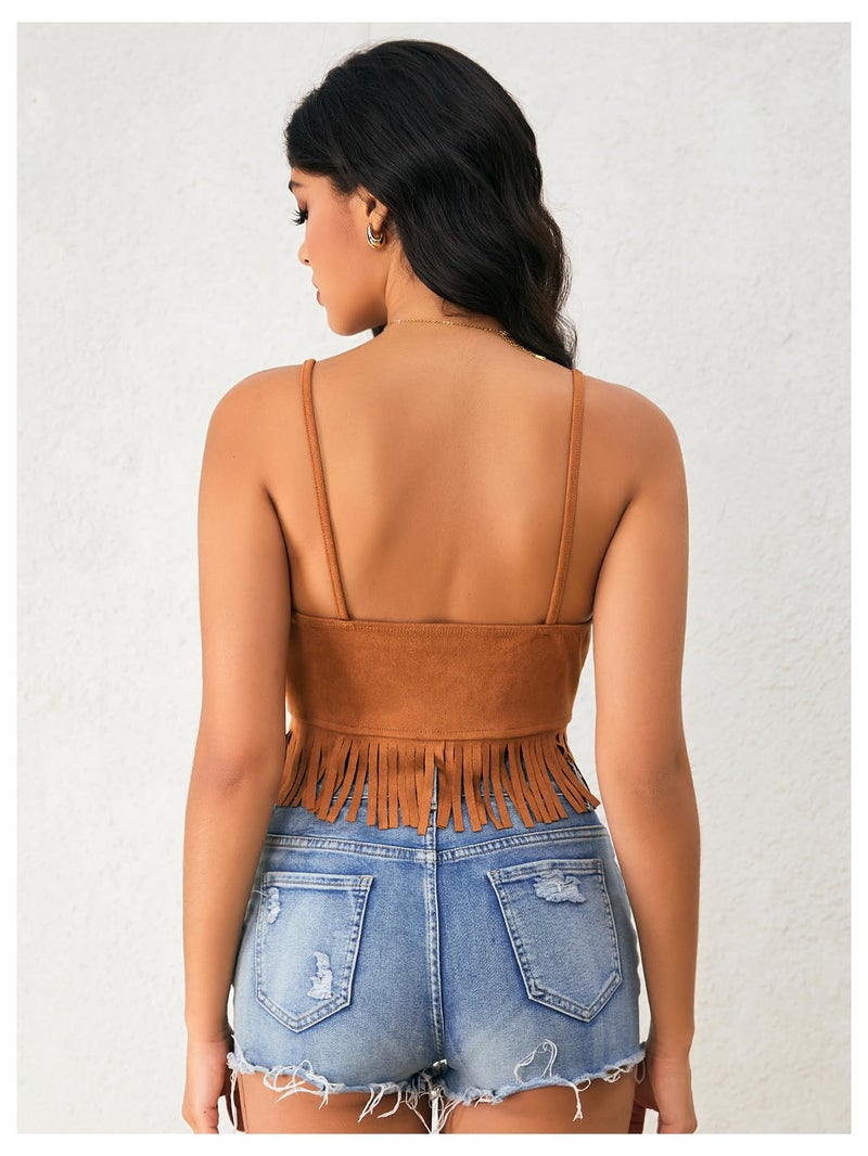 OYOANGLE Women's Y2K Fringe Sleeveless Spaghetti Strap Faux Suede Vintage Hippie Crop Top Blouse Brown L - Image 3