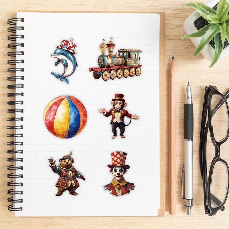 YOKSAS 50 Pcs Vintage Circus Scrapbook Stickers â€“ Clear Waterproof Clown, Animal, Tent, Retro Carnival Circus Decals for Journaling, Crafts, Planners, Cards & Laptop Decorations - Image 4
