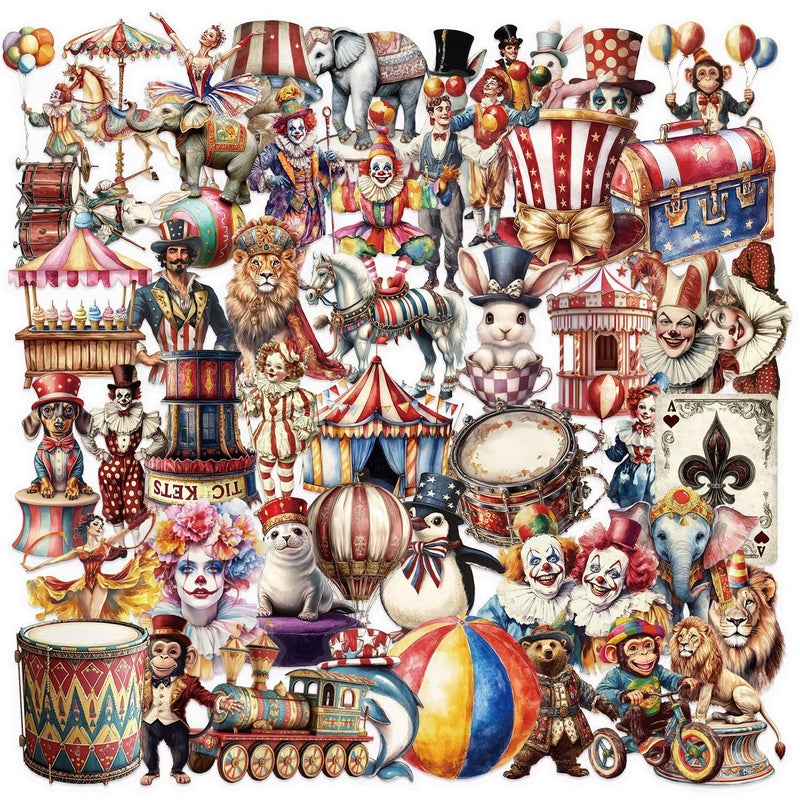 YOKSAS 50 Pcs Vintage Circus Scrapbook Stickers â€“ Clear Waterproof Clown, Animal, Tent, Retro Carnival Circus Decals for Journaling, Crafts, Planners, Cards & Laptop Decorations - Image 1