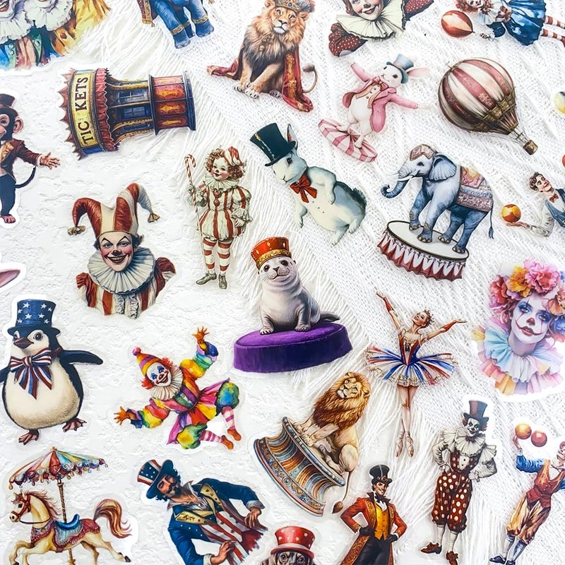 YOKSAS 50 Pcs Vintage Circus Scrapbook Stickers â€“ Clear Waterproof Clown, Animal, Tent, Retro Carnival Circus Decals for Journaling, Crafts, Planners, Cards & Laptop Decorations - Image 2
