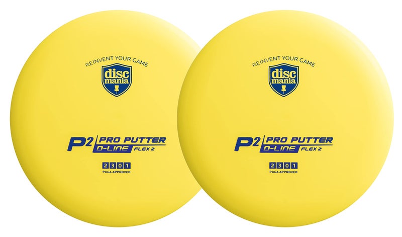 Discmania Dline P2 Flex 2 Disc Golf Putter Pack of 2 Yellow RightHanded Uniflex 173176g 35 Degrees Loft 70 Degrees Lie Angle Oversize Grip Standard Grip Intermediate to Advanced Players