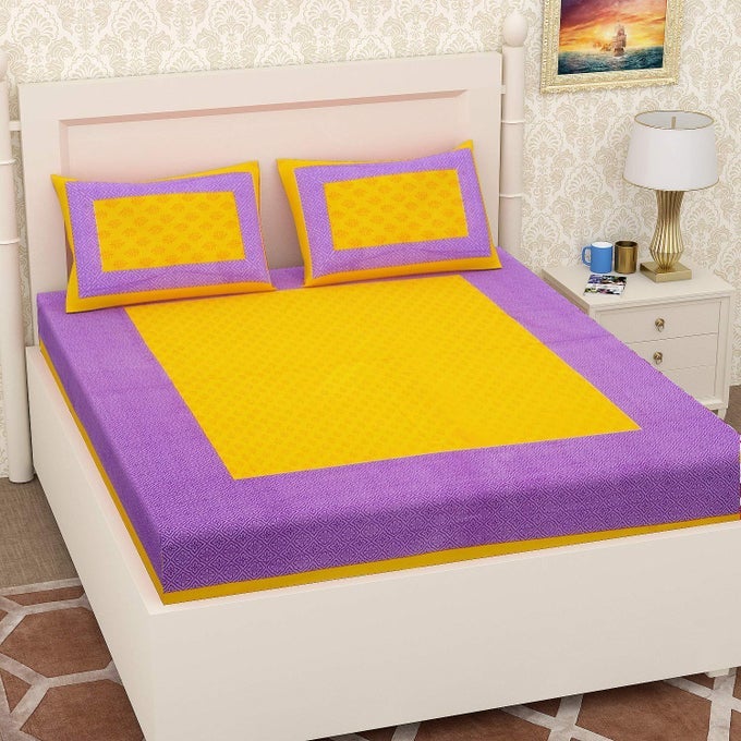 144 TC 100 COTTON RAJASTHANI JAIPURI TRADITIONAL BEDSHEET WITH 2 PILLOW COVERS YELLOW