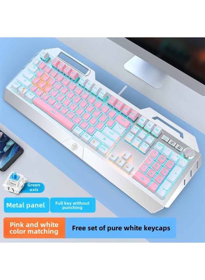 Forerunner TK900 Mechanical Keyboard Wired Mouse Suit Game Computer Electronic Competition Green Axis Wireless Keyboard Mouse Special-Color:Pink White [Blue Green Shaft] Multi-function Knob-full Key Without Impact - Image 1