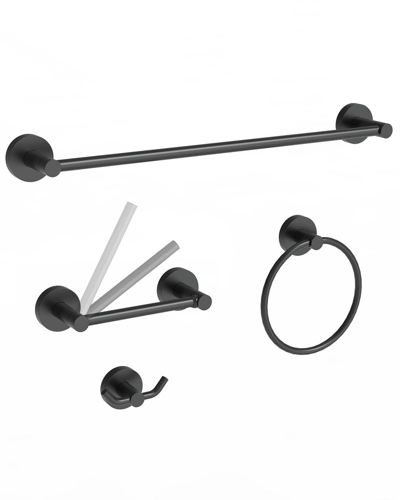 Fixsen 4 Pieces Bathroom Hardware Accessories Set 18Inch Single Towel Bar Towel Ring Toilet Paper Holder Double Towel Hooks Matte Black Stainless Steel and Zinc Alloy Wall Mounted