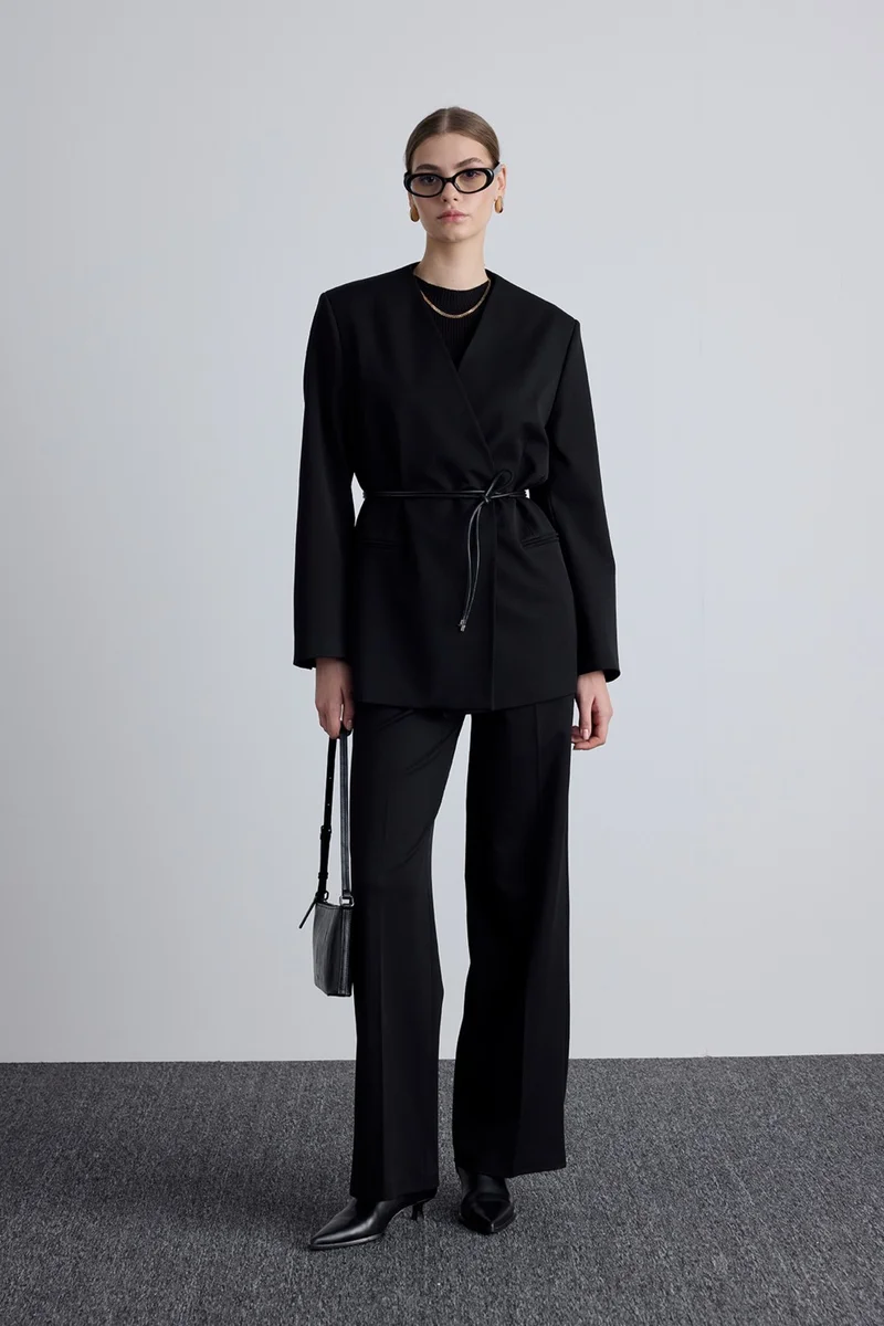 Manuka Classic Look Belted Blazer Jacket Black