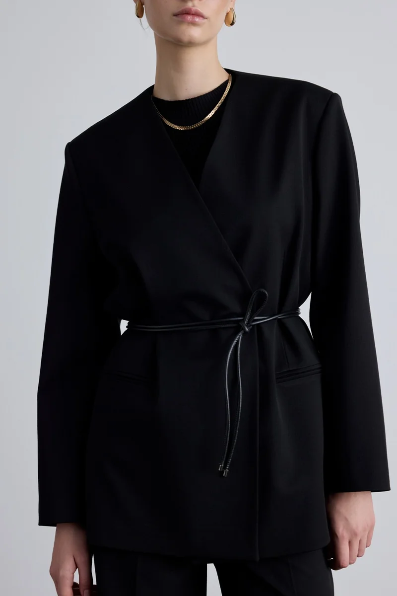 Manuka Classic Look Belted Blazer Jacket Black