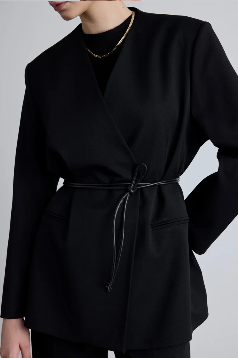 Manuka Classic Look Belted Blazer Jacket Black