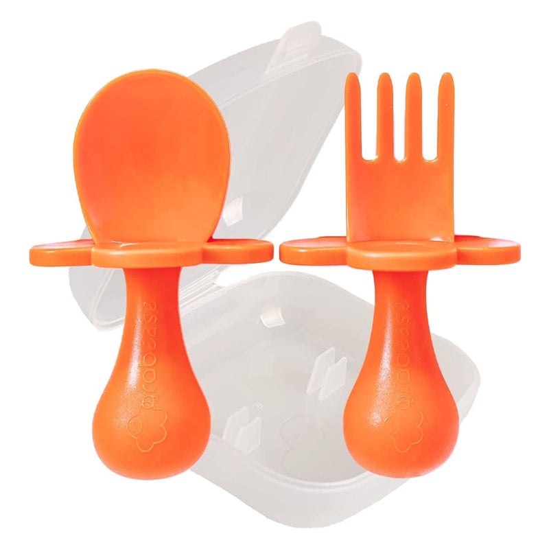 Grabease Baby Fork and Spoon Set for Babies Toddlers BPAFree PhthalateFree SelfFeeding Cutlery Orange Toddler Utensils