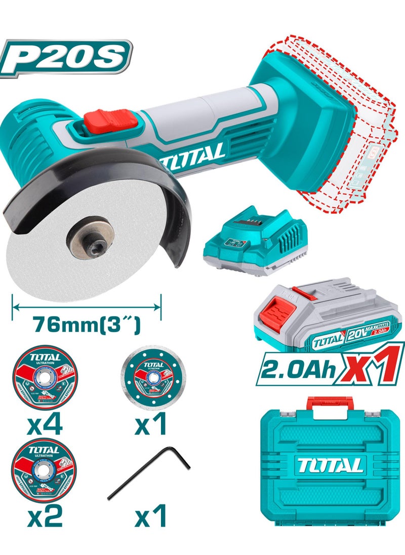 TOTAL Total Lithium-ion Mini Cut-off Tool 20V (TAGLI76012) – Cordless Electric Cut-off Tool for Metal Cutting, Grinding & Grinding with 76mm Discs, Includes 2.0Ah Battery, Charger & Carrying Case  - Image 1