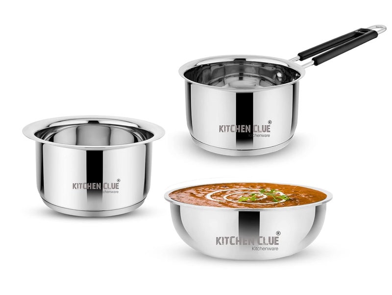 KITCHEN CLUE طقم أواني الطهي من الفولاذ المقاوم للصدأ - مجموعة من تسلا، توبي/باتيلا، قدر صلصة/قدر شاي (1500، 2000، 1600 مل) متوافق مع الحث والطهي على الغاز - قاعدة ثقيلة ثلاثية الطبقات - قاعدة ساندويتش محاطة - Image 1
