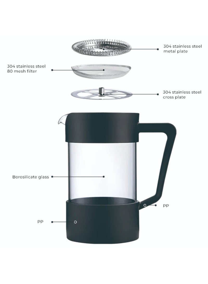 Glass Pitcher with Lid, Hot/Cold Water Jug, Juice and Iced Tea Beverage Carafe,304 Stainless Steel French Press Coffee Pot Glass Filter Tea Brewing Mea Maker