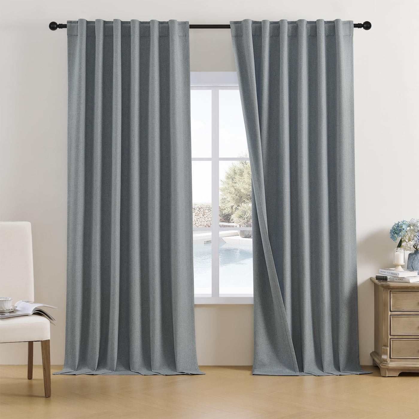 DUALIFE Full Blackout Linen Curtain Panels-Darkening Bedroom Curtains/Drapes Thermal Insulated Pocket & Back Tab Window Curtains for Living Room W50 x L96L 2 Panels Set Grey