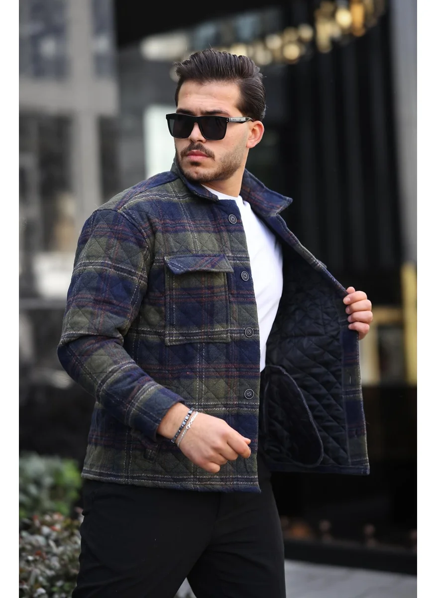 Miron Khaki Navy Blue Plaid Quilted Detail Regular Fit JACKET-2454