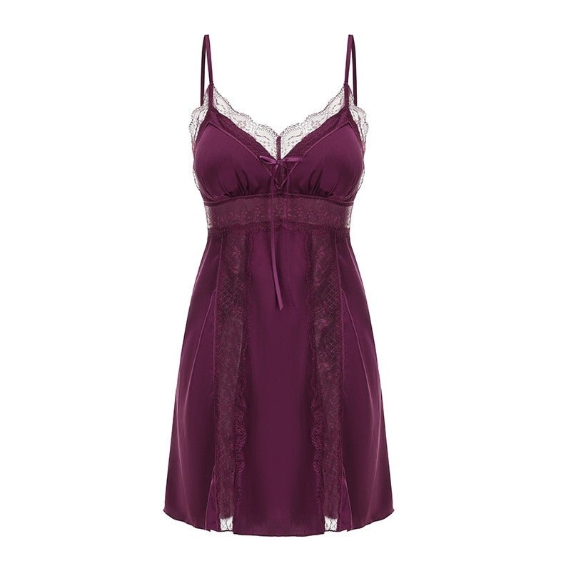 CME Smooth Purple Satin Relaxed Lace V-Neck Padded Nightdress and Robe Loungewear Set - Image 4