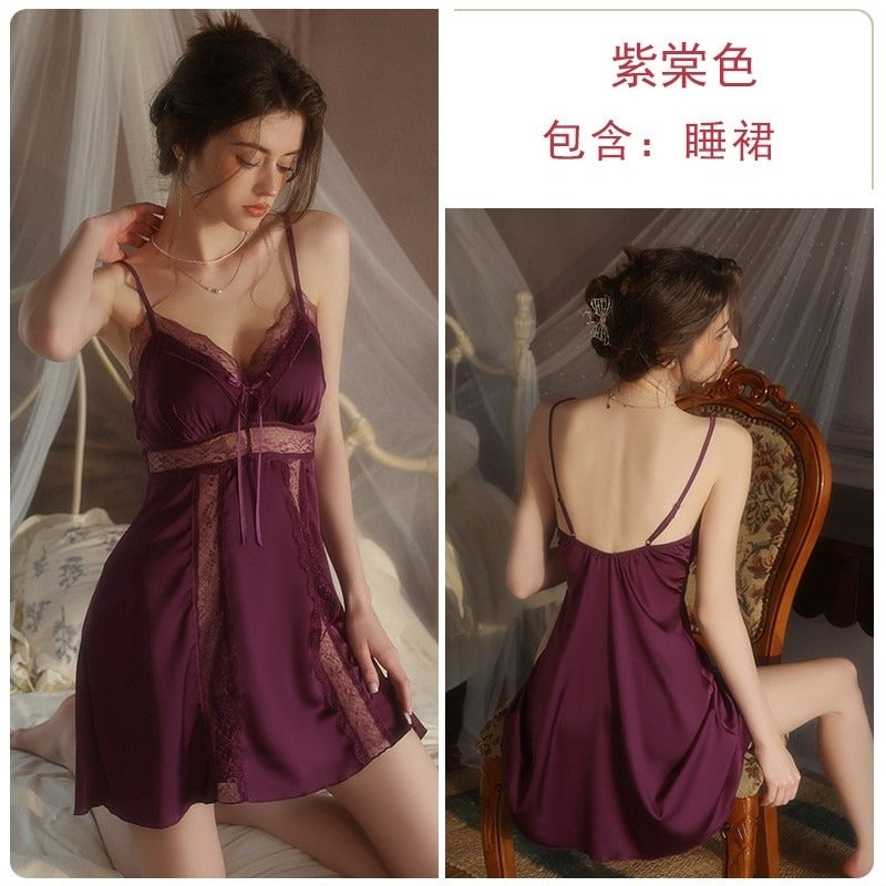 CME Smooth Purple Satin Relaxed Lace V-Neck Padded Nightdress and Robe Loungewear Set - Image 3
