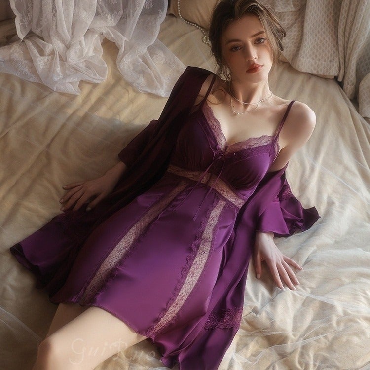 CME Smooth Purple Satin Relaxed Lace V-Neck Padded Nightdress and Robe Loungewear Set - Image 2