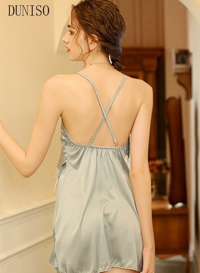 DUNISO Women's Sleeveless Nightgown with Lace Trim Camisole Sleep Dress Built in Bra Removable Pads Sleepwear Softable Silk V-Neck Pajama Dress For Ladies - Image 3