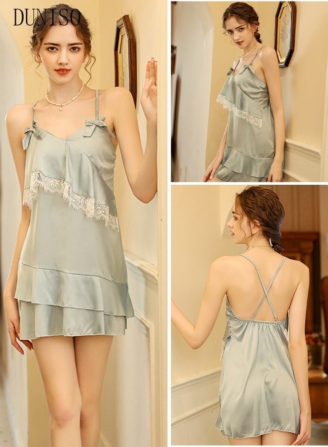 DUNISO Women's Sleeveless Nightgown with Lace Trim Camisole Sleep Dress Built in Bra Removable Pads Sleepwear Softable Silk V-Neck Pajama Dress For Ladies - Image 1