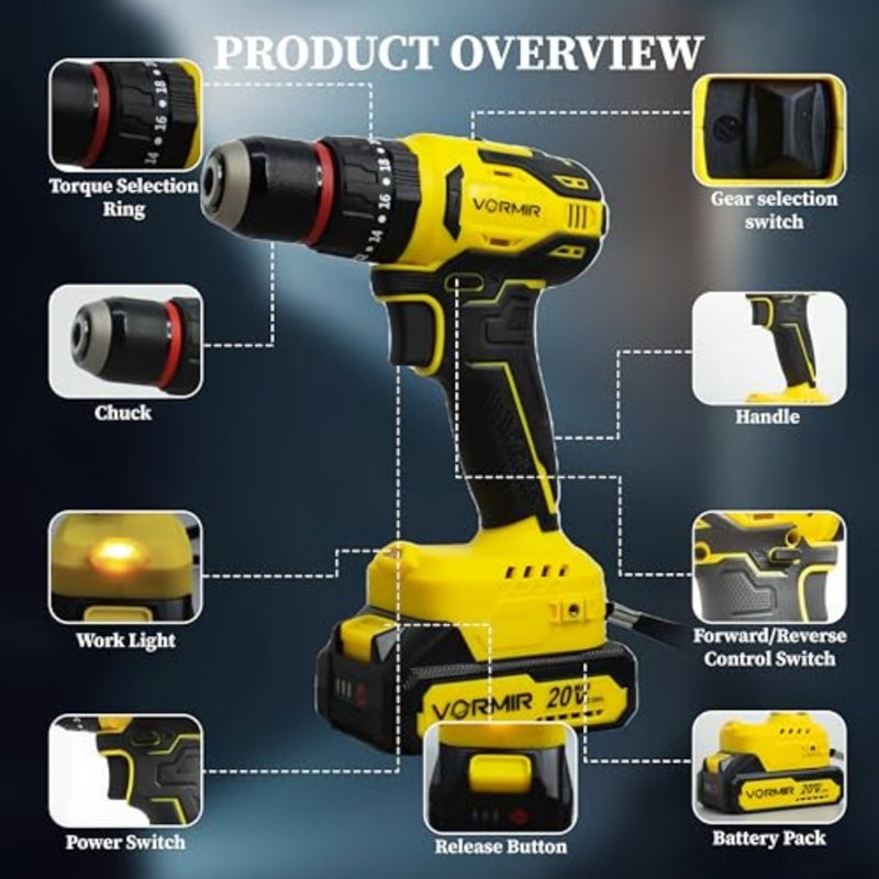 VORMIR VR 20V Max سائق المثقاب اللاسلكي بدون فرشاة 2 وضعيات الحفر والتأثير، سرعة مزدوجة 0 450/1450 دورة في الدقيقة، عزم دوران 38 نيوتن متر، ظرف 10 مم يتضمن بطارية ليثيوم أيون 2.0 أمبير وشاحن سريع - Image 5