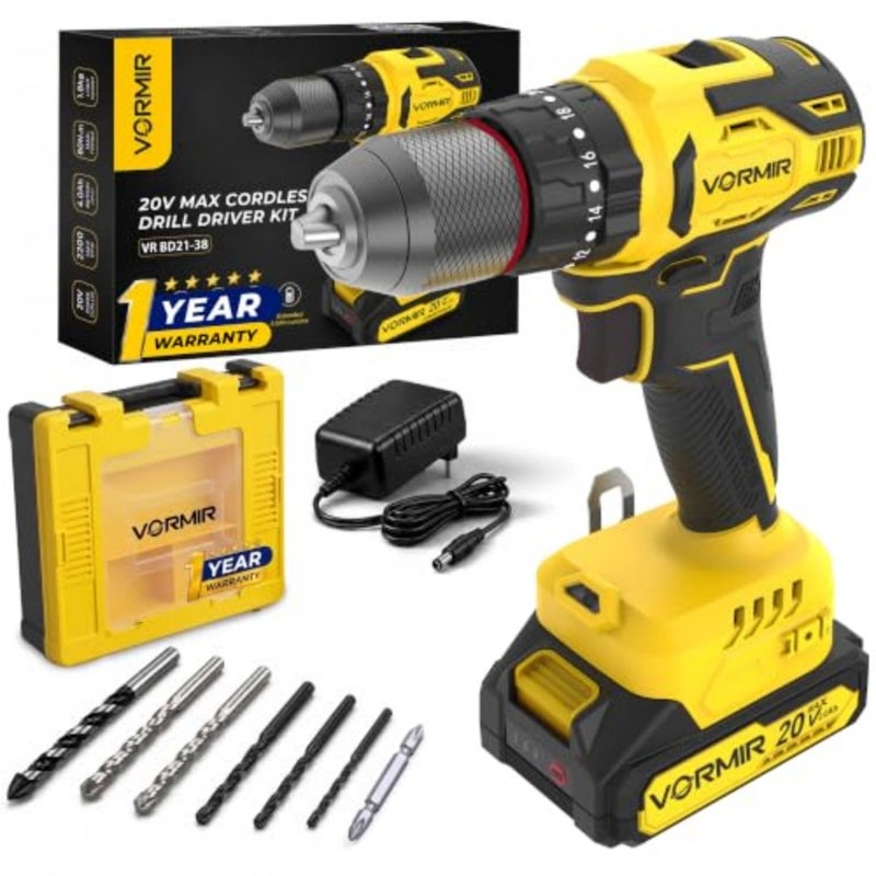 VORMIR VR 20V Max سائق المثقاب اللاسلكي بدون فرشاة 2 وضعيات الحفر والتأثير، سرعة مزدوجة 0 450/1450 دورة في الدقيقة، عزم دوران 38 نيوتن متر، ظرف 10 مم يتضمن بطارية ليثيوم أيون 2.0 أمبير وشاحن سريع - Image 1