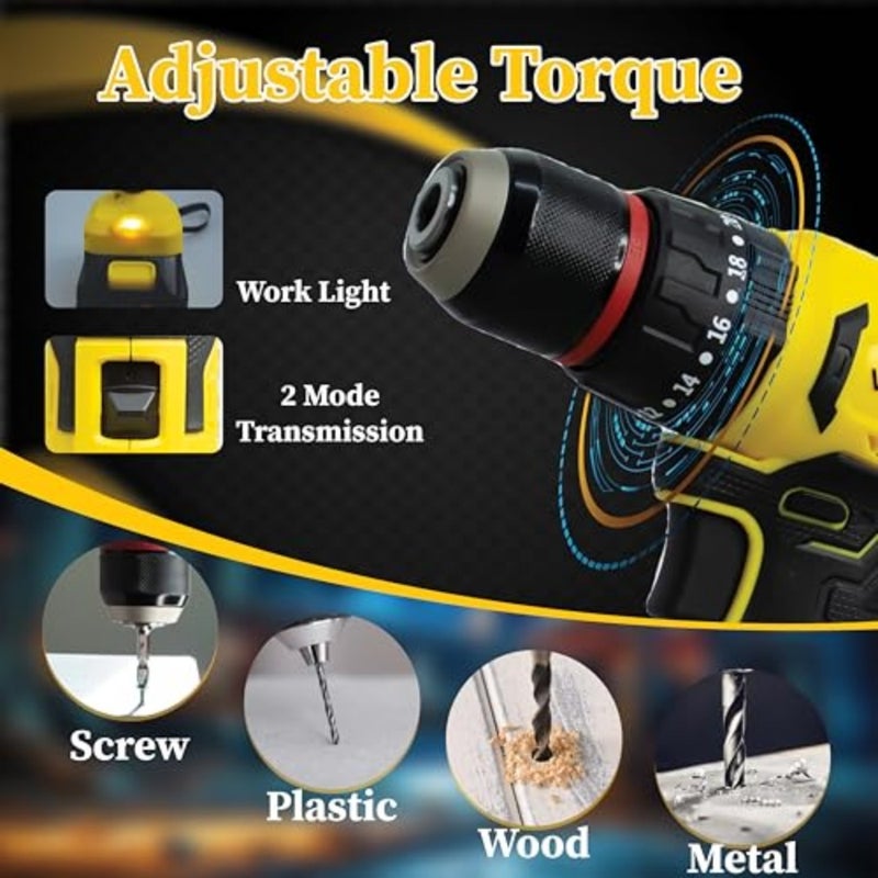 VORMIR VR 20V Max سائق المثقاب اللاسلكي بدون فرشاة 2 وضعيات الحفر والتأثير، سرعة مزدوجة 0 450/1450 دورة في الدقيقة، عزم دوران 38 نيوتن متر، ظرف 10 مم يتضمن بطارية ليثيوم أيون 2.0 أمبير وشاحن سريع - Image 2