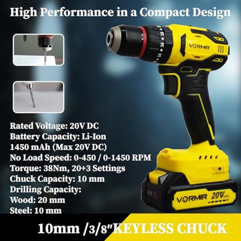 VORMIR VR 20V Max سائق المثقاب اللاسلكي بدون فرشاة 2 وضعيات الحفر والتأثير، سرعة مزدوجة 0 450/1450 دورة في الدقيقة، عزم دوران 38 نيوتن متر، ظرف 10 مم يتضمن بطارية ليثيوم أيون 2.0 أمبير وشاحن سريع - Image 4