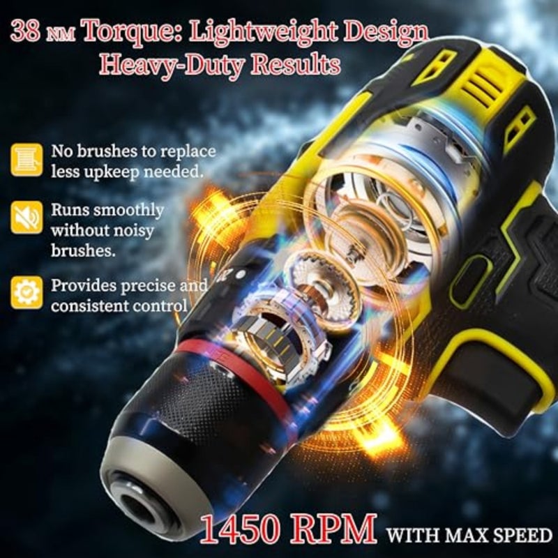 VORMIR VR 20V Max سائق المثقاب اللاسلكي بدون فرشاة 2 وضعيات الحفر والتأثير، سرعة مزدوجة 0 450/1450 دورة في الدقيقة، عزم دوران 38 نيوتن متر، ظرف 10 مم يتضمن بطارية ليثيوم أيون 2.0 أمبير وشاحن سريع - Image 3