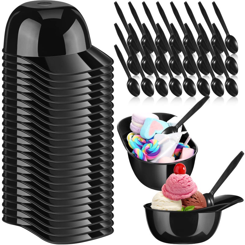 24 Count Summer Baseball Helmet Snack Ice Cream Bowl 24 Pcs Disposable Taster Spoons 8 oz Mini Sundae Bowls Dessert Plastic Spoons for Party SuppliesBlack