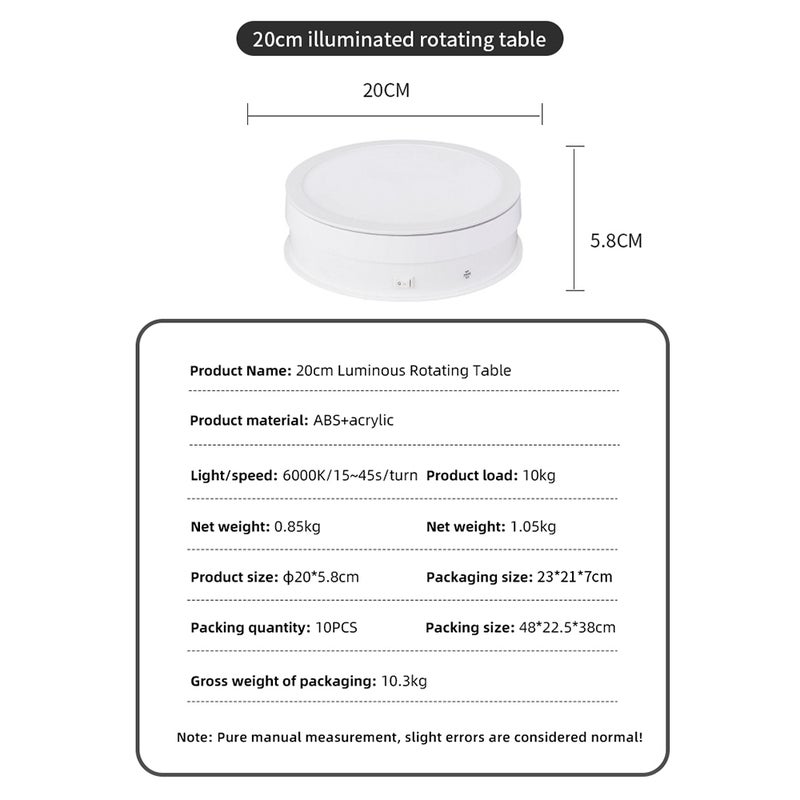 20cm Motorized Rotating Display Stand Rotating Turntable 10kg/22lbs Load Capacity 360°Rotatable Display Turntable with LED Light for Photography Products Display Live Video Show - Image 3