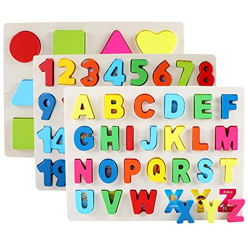 QZMTOY Wooden Puzzles for Toddlers, Wooden Alphabet Number Shape Puzzles Toddler Learning Puzzle Toys for Kids, 3 in 1 Puzzle for Toddlers, Age 3+ (Set of 3) - Image 2