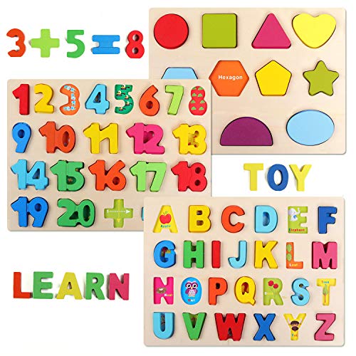 QZMTOY Wooden Puzzles for Toddlers, Wooden Alphabet Number Shape Puzzles Toddler Learning Puzzle Toys for Kids, 3 in 1 Puzzle for Toddlers, Age 3+ (Set of 3) - Image 1